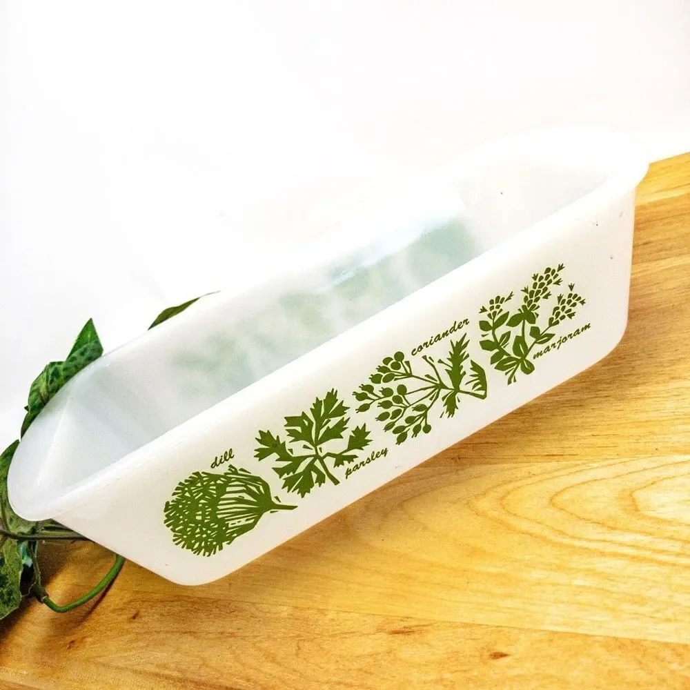 1960’s VTG Glasbake J522 1.5 Quart Milk Glass Loaf Pan Green Herb Pattern